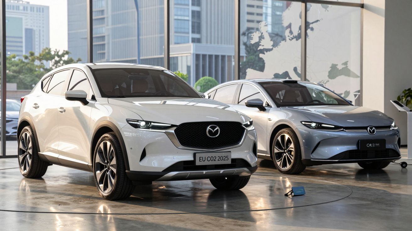 Dois carros elétricos Mazda expostos numa showroom moderna com paredes de vidro e edifícios ao fundo.