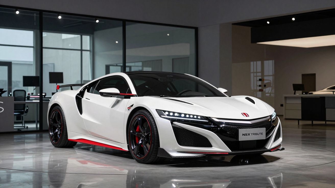 Automóvel desportivo branco Honda NSX Tribute estacionado num showroom moderno.