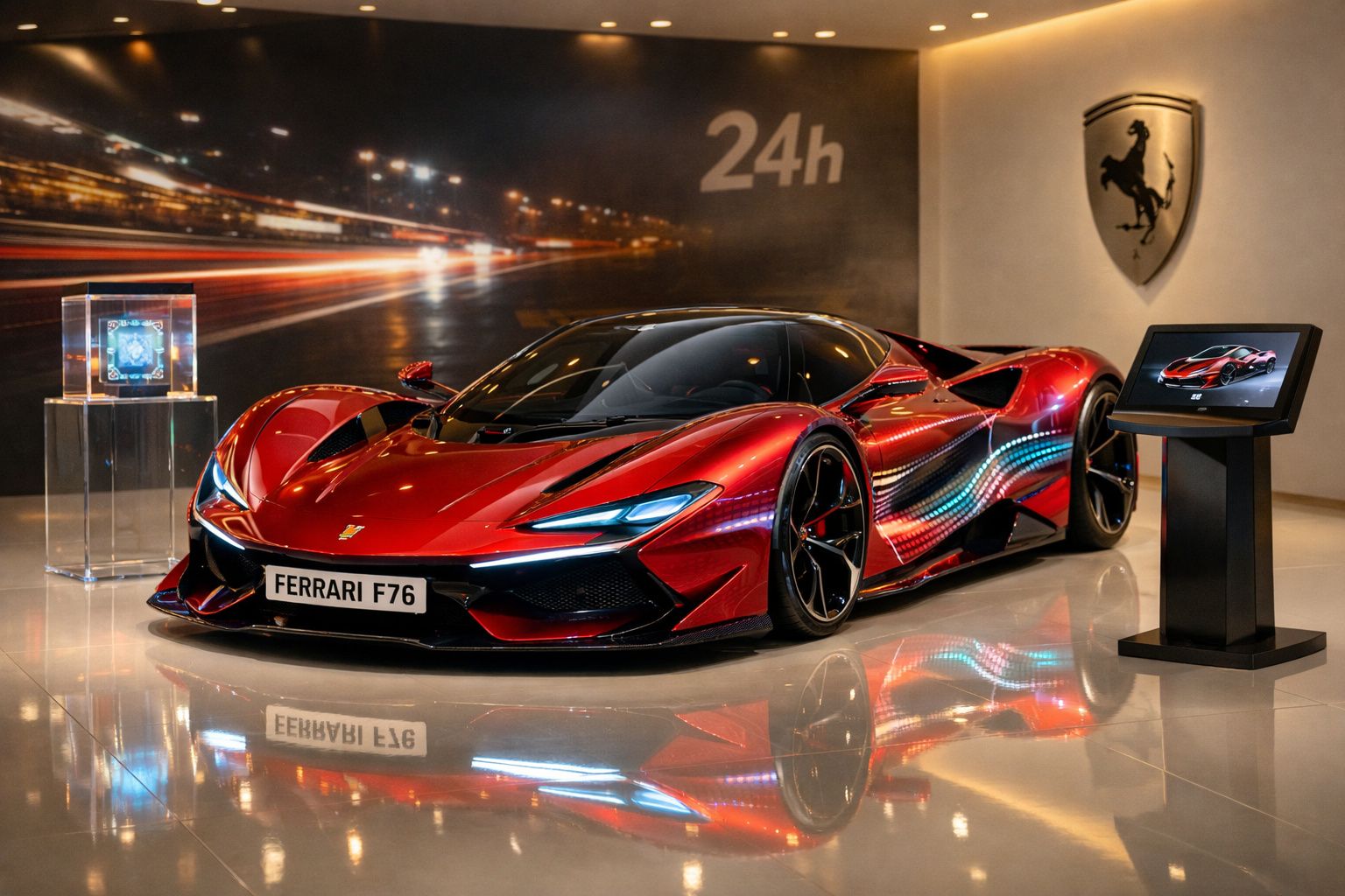 Carro desportivo vermelho Ferrari F76 com design futurista exposto em showroom iluminado.