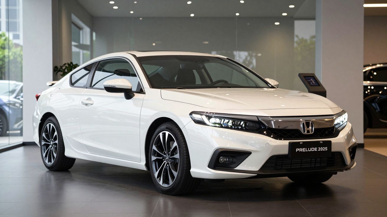 Carro desportivo branco Honda Prelude 2025 numa exposição interior moderna.