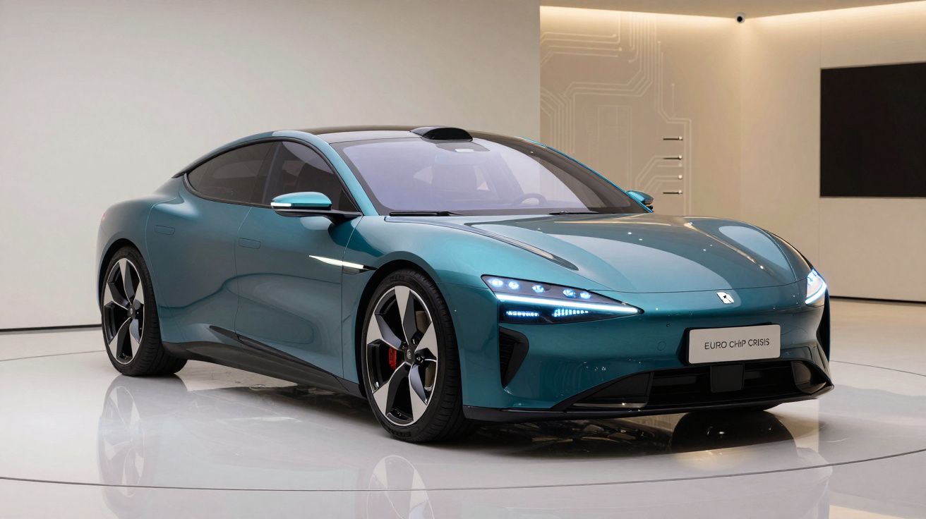 Carro elétrico desportivo azul-esverdeado com design aerodinâmico em exposição num espaço moderno e minimalista.