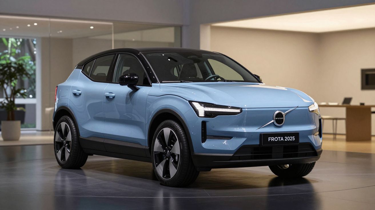 Carro elétrico Volvo azul claro com teto preto em exposição numa sala moderna.