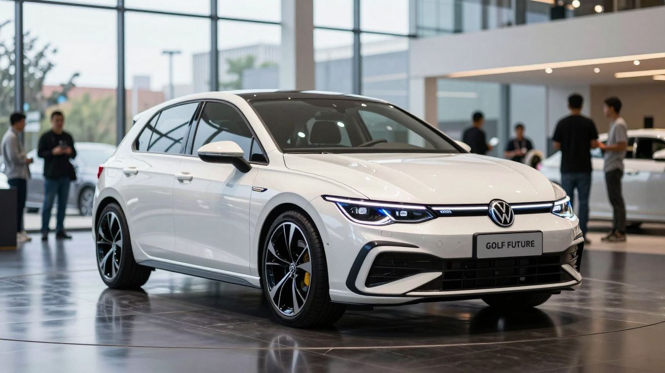 Carro Volkswagen Golf Future branco exposto em salão de automóveis moderno com pessoas ao fundo.