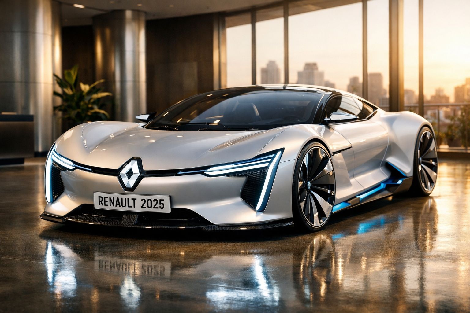 Carro desportivo cinza prata Renault 2025 em ambiente interno moderno com janelas grandes e luz natural.