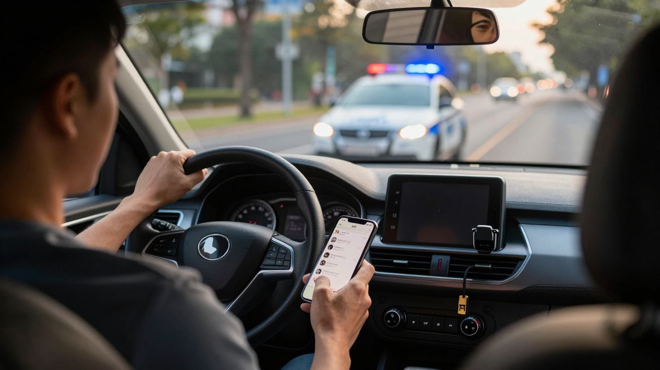 Condutor a usar telemóvel enquanto é parado por viatura policial com luzes ligadas numa estrada urbana.