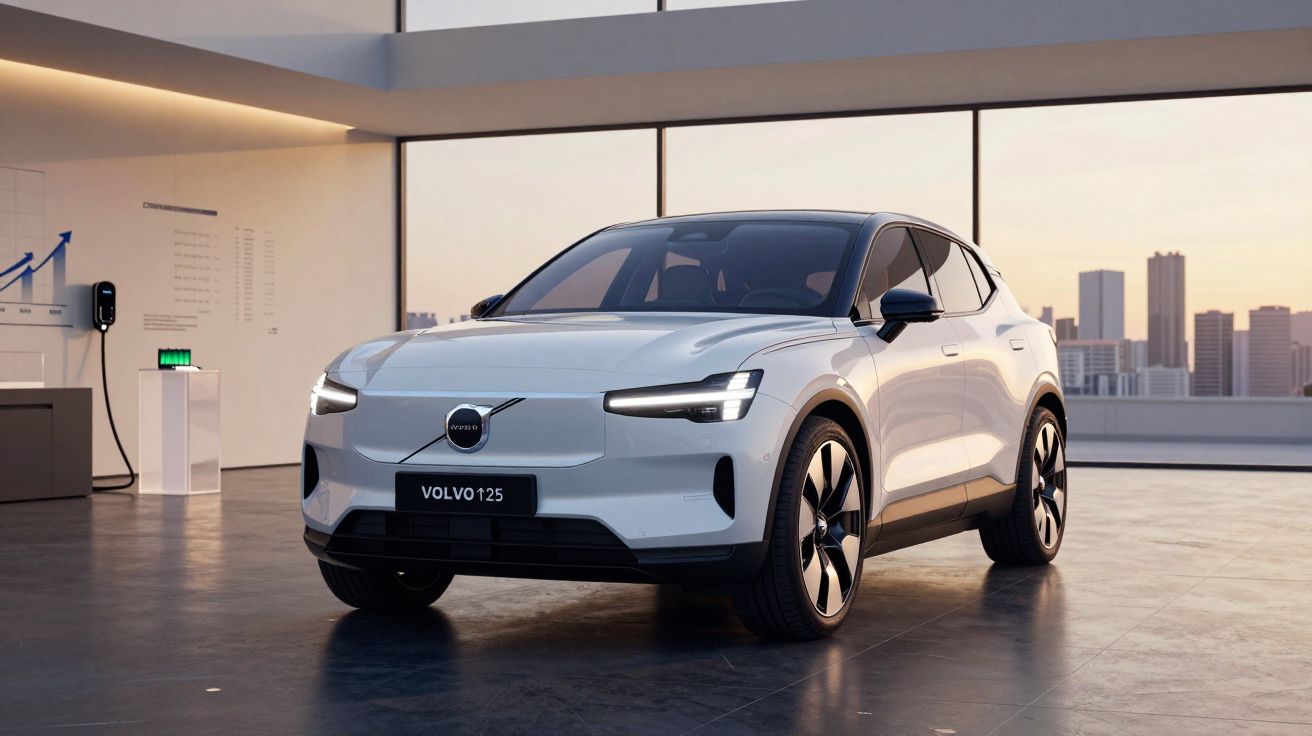 Carro elétrico Volvo T25 branco estacionado em espaço moderno com vista para a cidade ao entardecer.