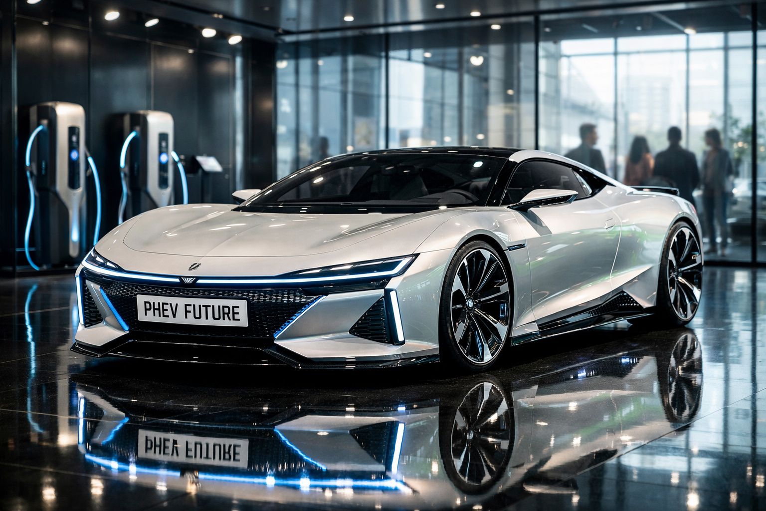 Carro desportivo elétrico branco com luzes azuis exposto num salão moderno com janelas de vidro.