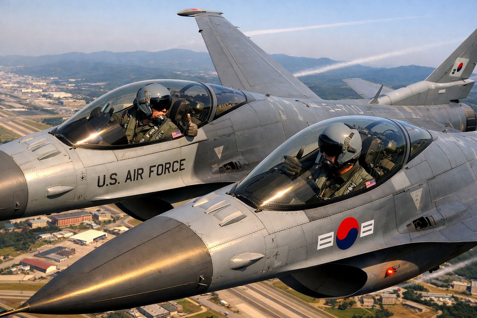 Dois caças da Força Aérea dos EUA e Coreia do Sul em voo sobre paisagem urbana.