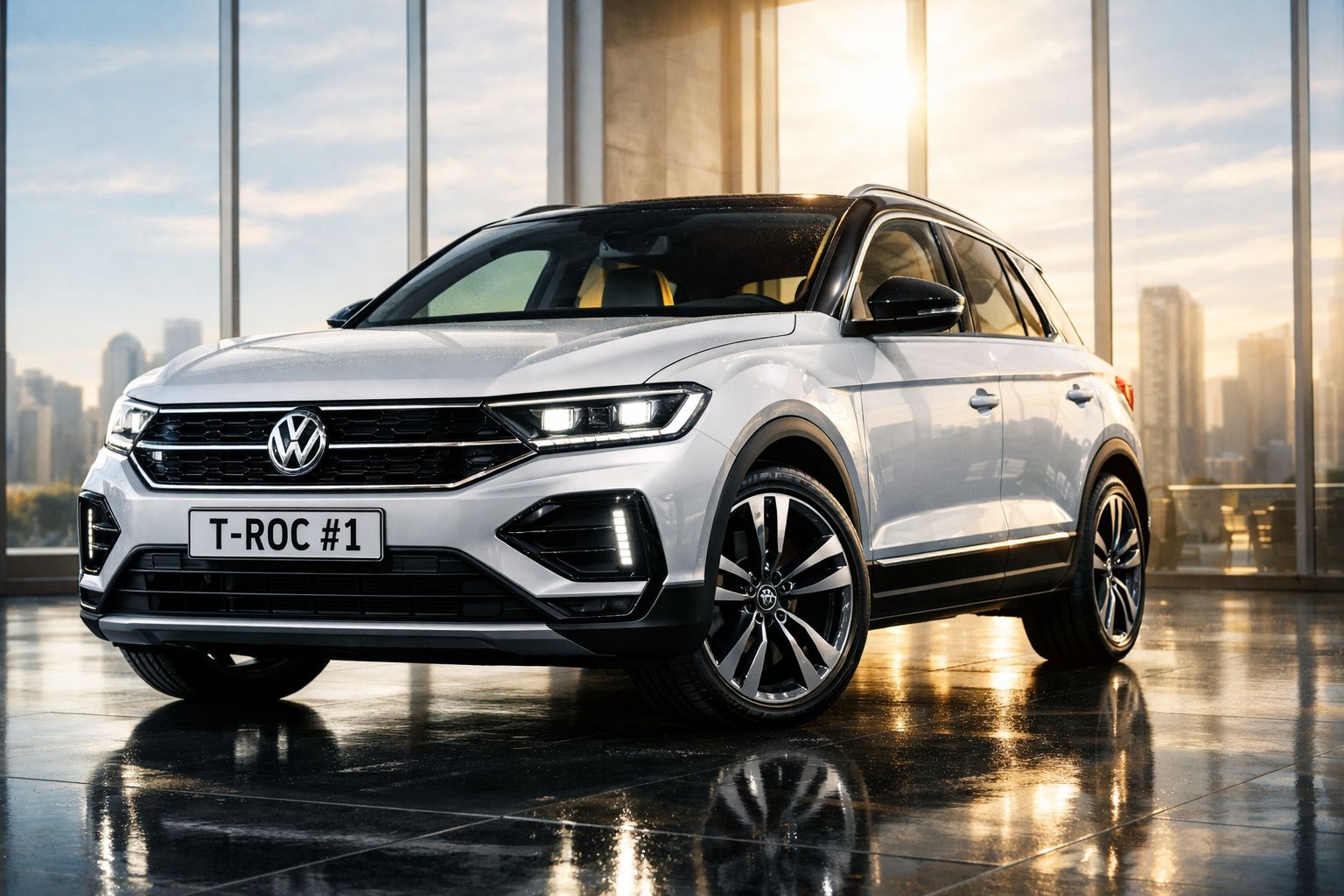 Volkswagen T-Roc branco estacionado em showroom moderno com grandes janelas e luz natural ao amanhecer.