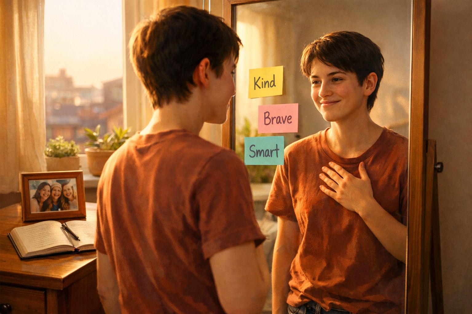 Jovem a sorrir para si no espelho com notas adesivas positivas: gentil, corajoso, inteligente.