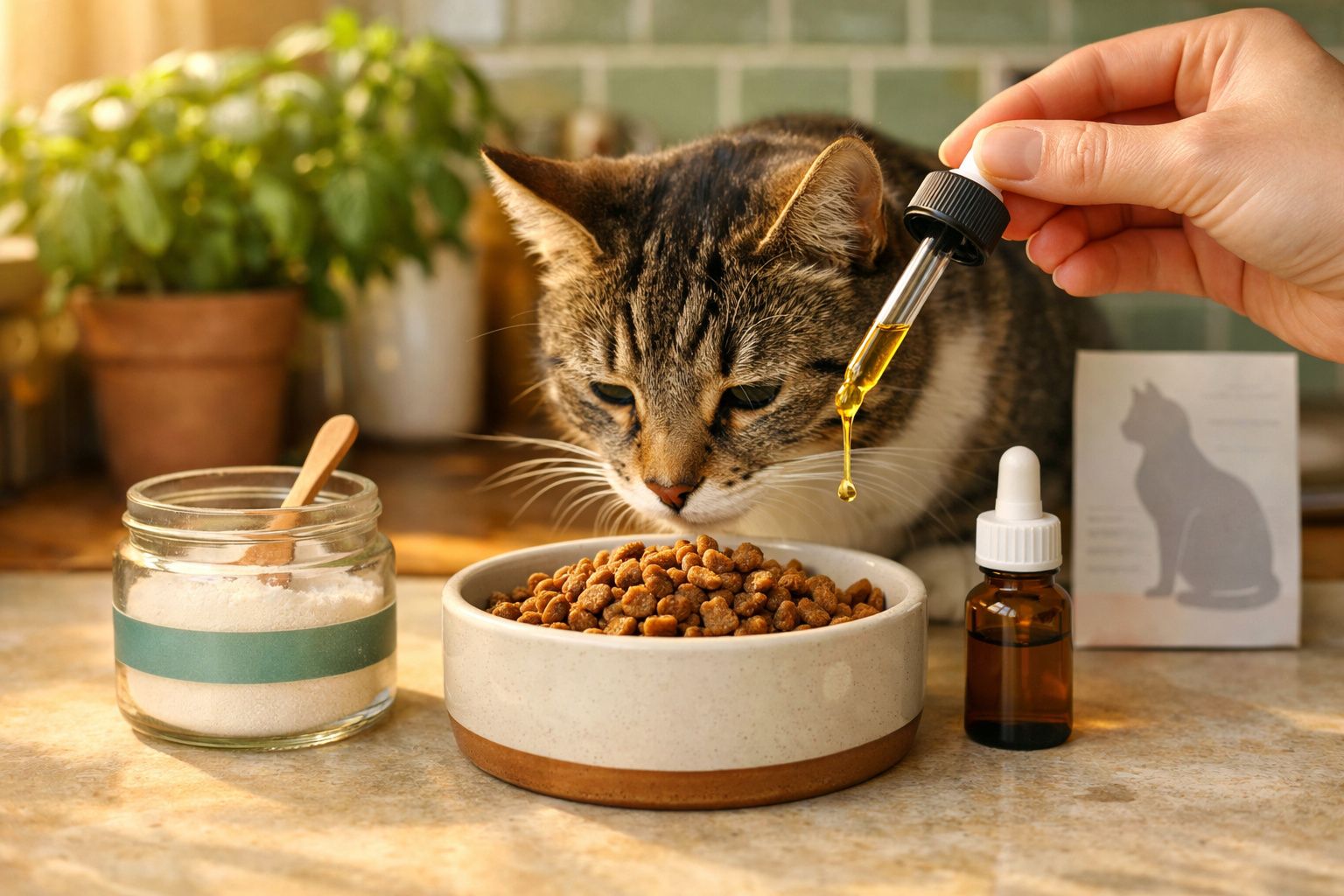 Gato cheira comida seca num prato enquanto alguém adiciona gotas de óleo com conta-gotas ao alimento.