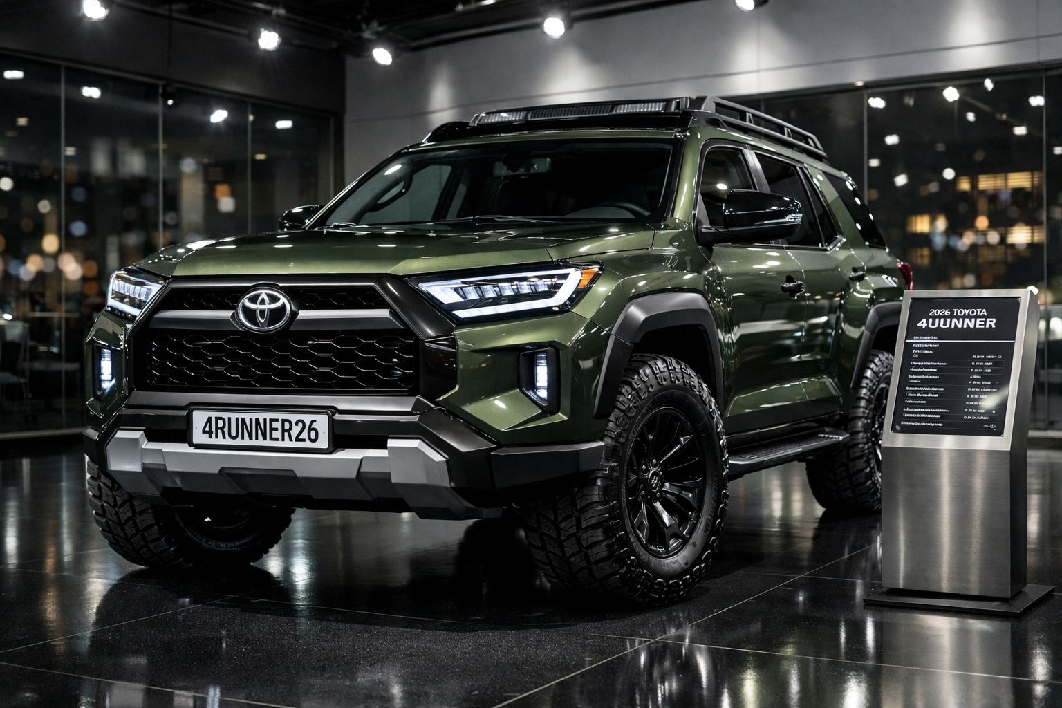 Automóvel Toyota 4Runner verde com pneus robustos exposto em showroom moderno e iluminado.