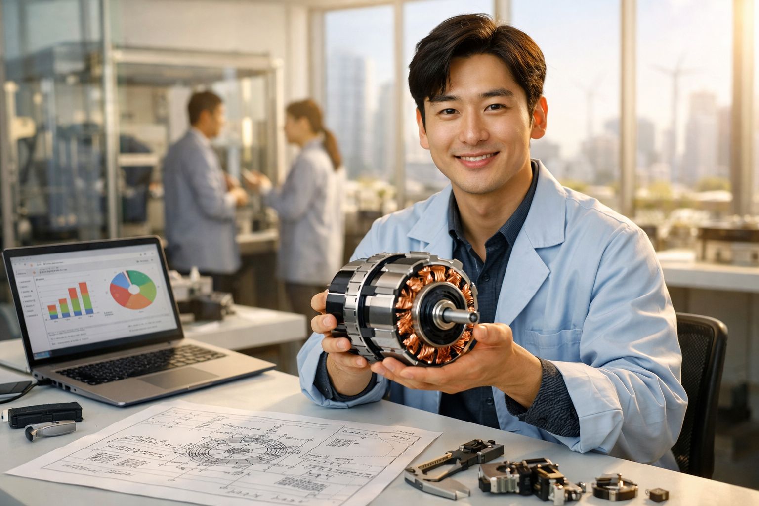 Engenheiro sentado à secretária a segurar rotor de motor elétrico com laptop e esquemas técnicos à frente.