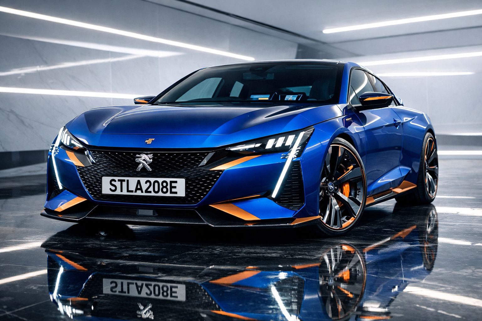 Carro elétrico desportivo Peugeot azul com detalhes laranja estacionado num espaço interior moderno.