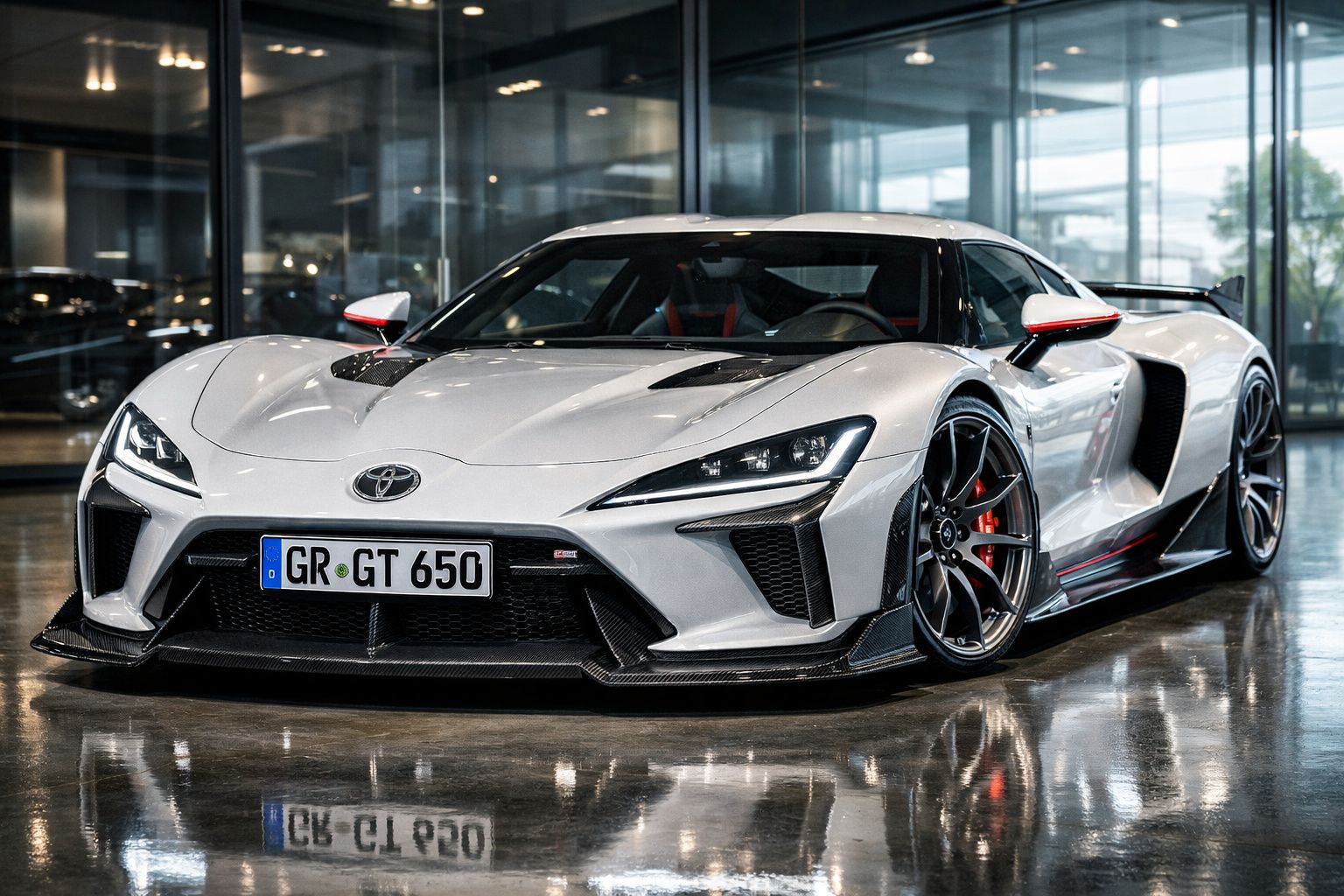 Carro desportivo Toyota em branco com detalhes em preto e vermelho, estacionado em interior moderno e refletor no chão.