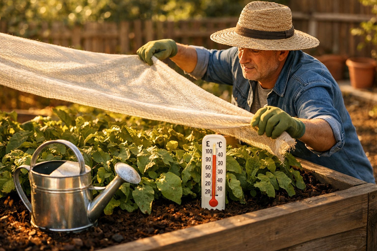 Homem a proteger plantas numa horta elevada com tecido, usando chapéu e luvas, com regador e termómetro à frente.