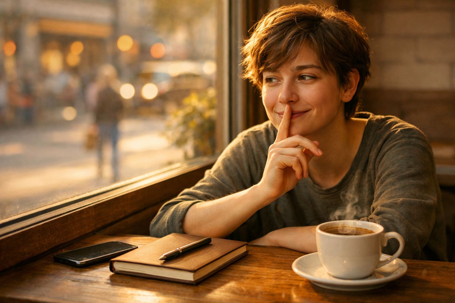 Mulher sorridente a olhar pela janela numa cafeteria com chávena de café, caderno, caneta e telemóvel à frente.