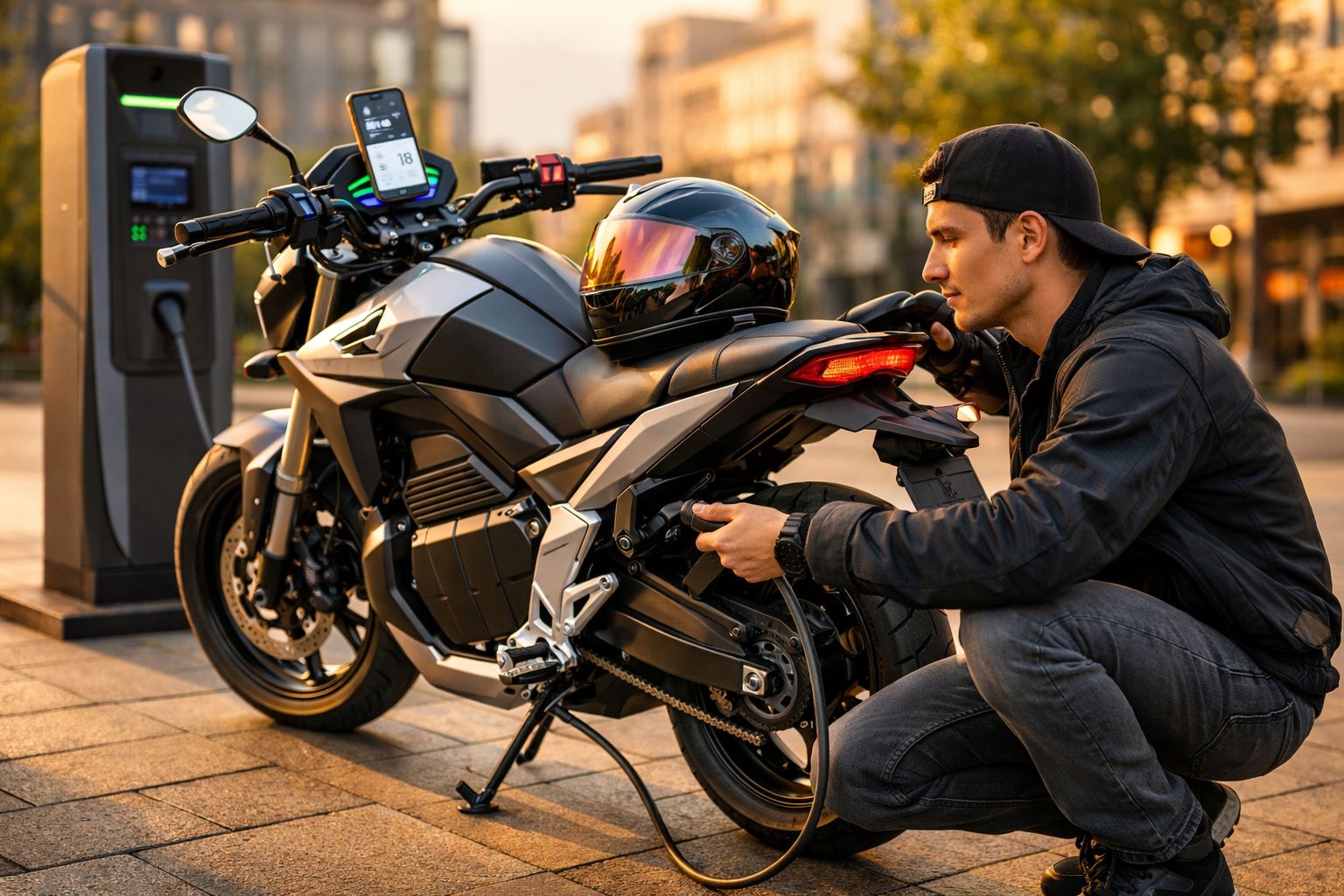 Homem com boné e roupa preta a verificar a corrente de uma mota elétrica numa estação de carregamento urbana.