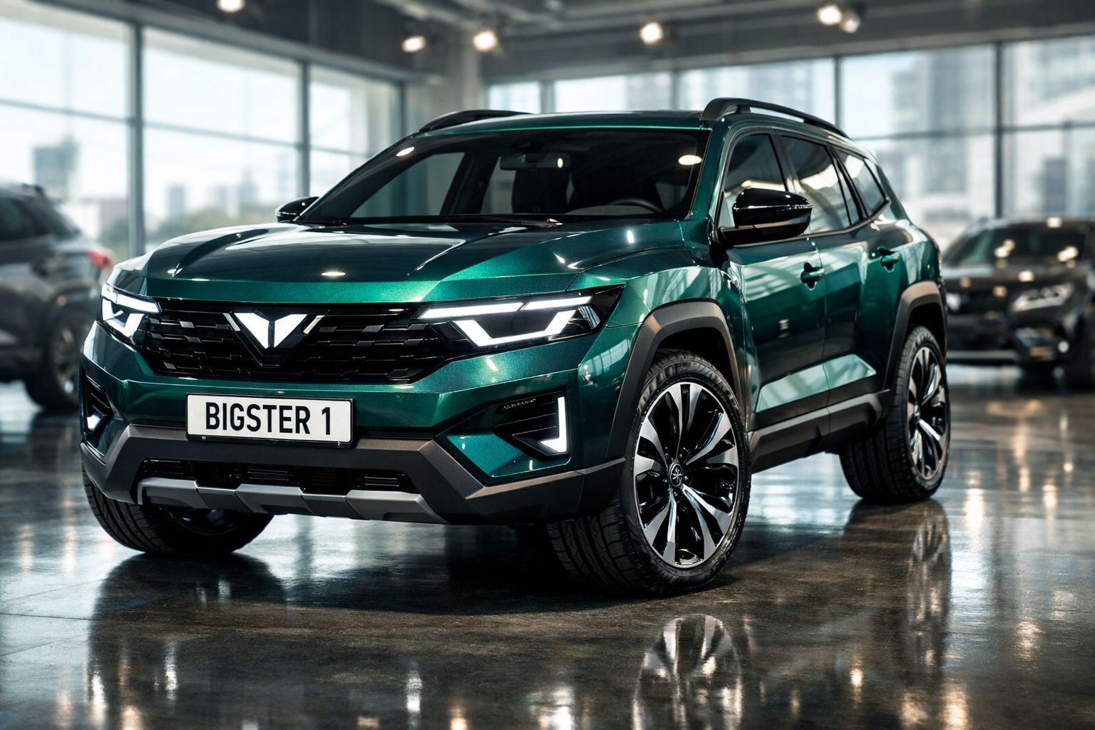 SUV verde metálico estacionado em sala de exposição com vidros grandes e piso refletivo