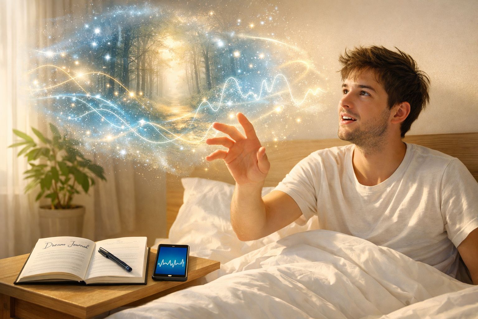 Jovem na cama interage com efeito mágico luminoso, ao lado tem diário de sonhos e dispositivo com gráfico.
