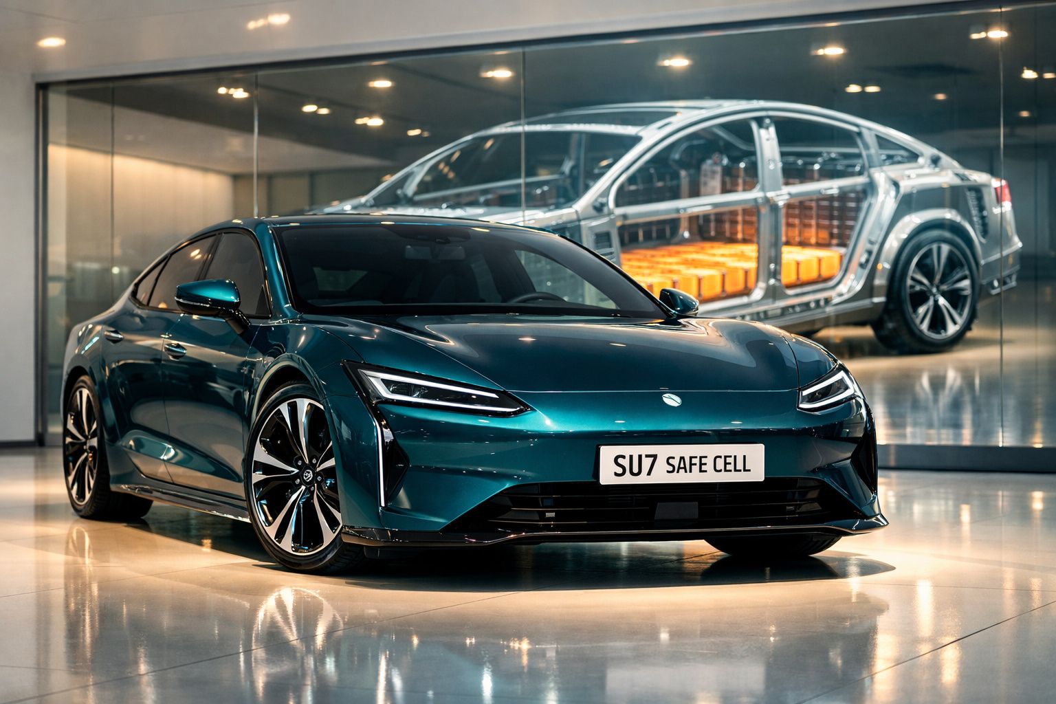 Carro elétrico azul TEV Su7 estacionado em showroom com estrutura do chassis em exibição ao fundo.