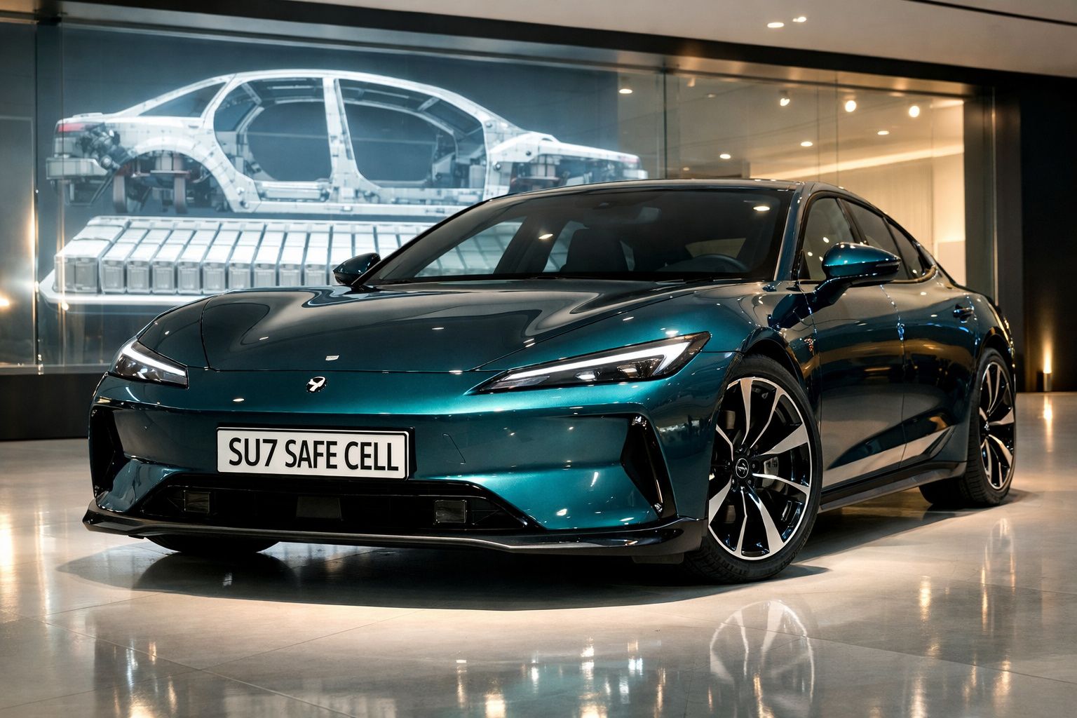 Carro elétrico azul escuro estacionado, com chassis em exposição ao fundo num espaço iluminado.