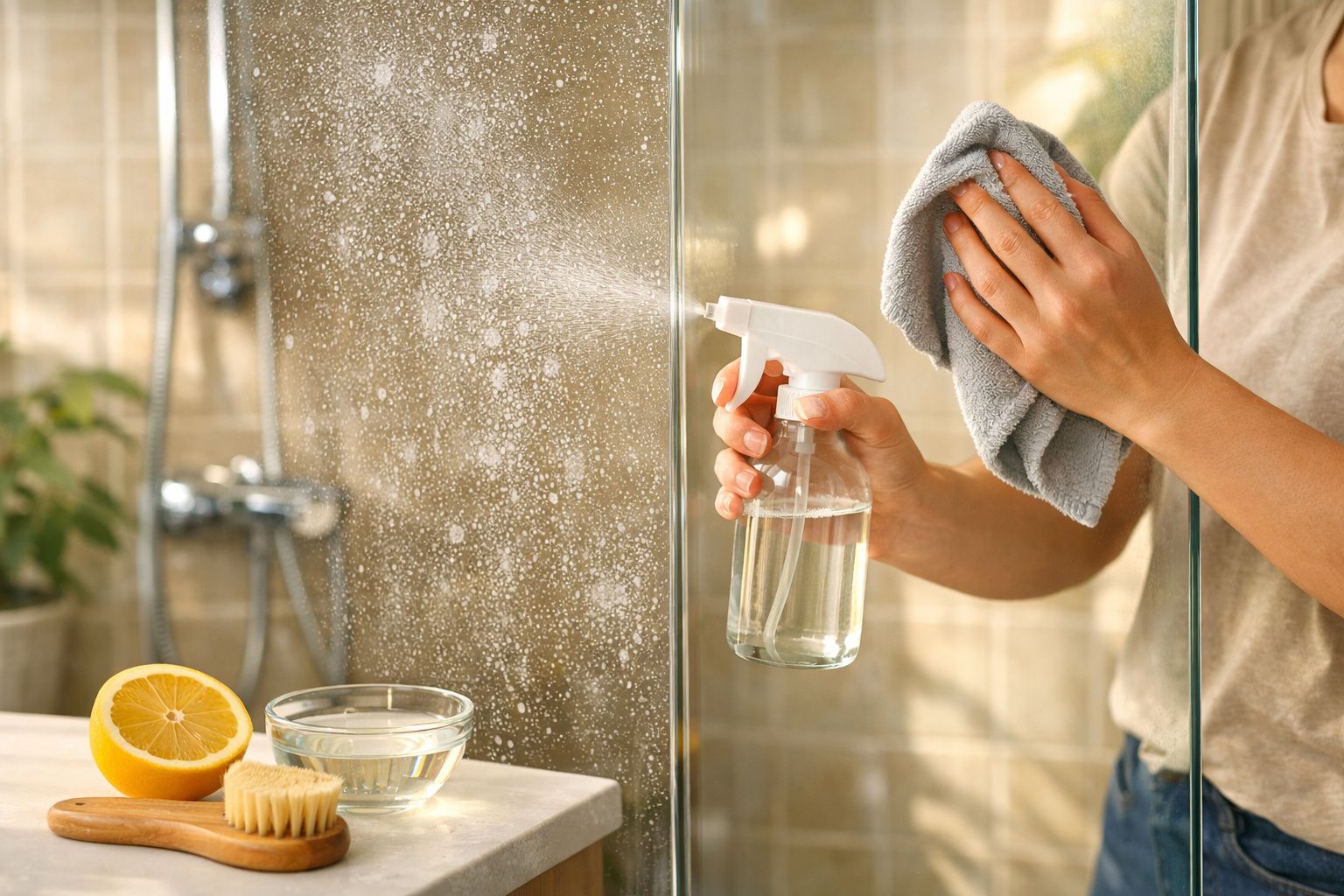 Pessoa a limpar espelho com pulverizador e pano cinzento numa casa de banho com janela ao fundo.