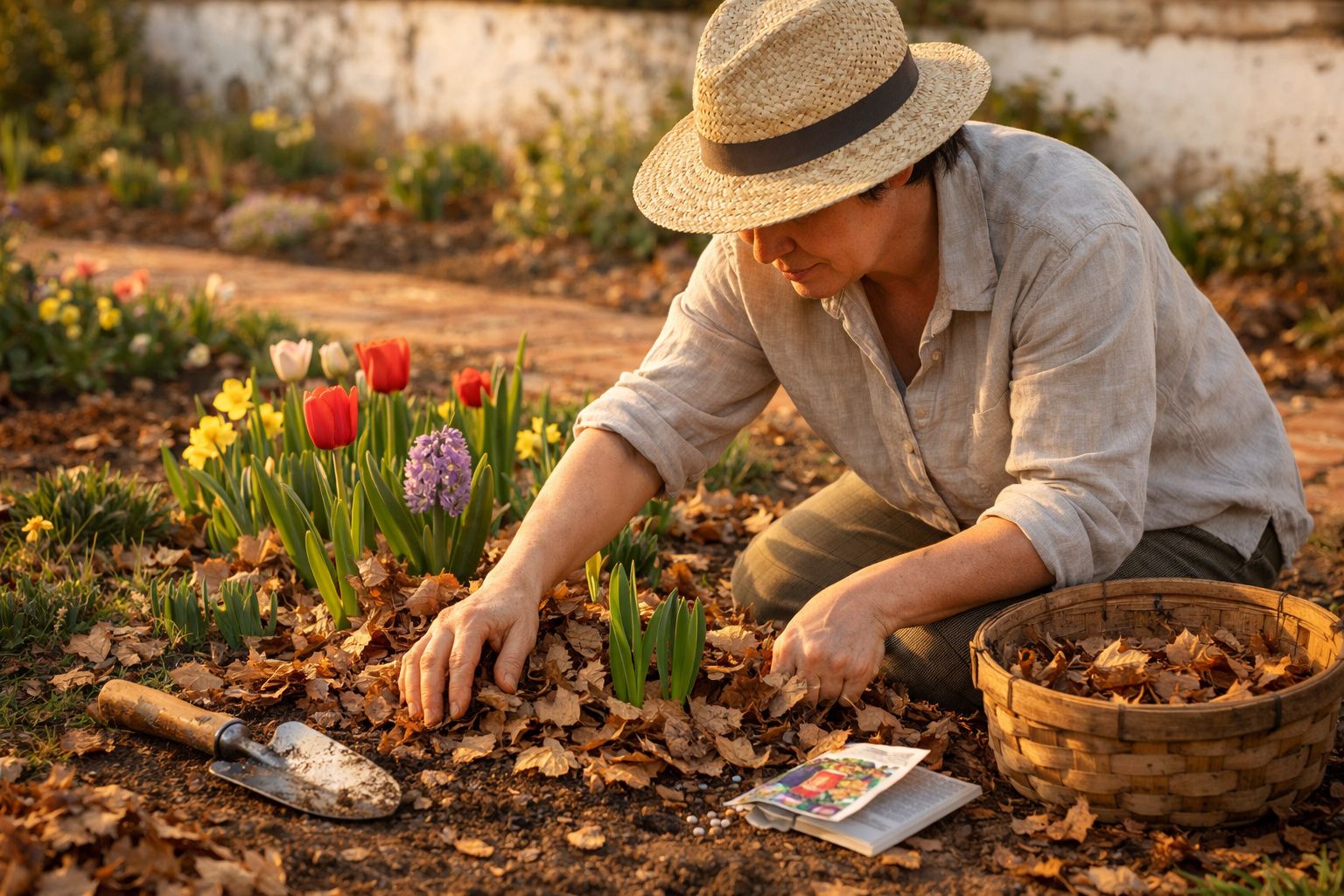 Pessoa a cuidar de flores numa horta com chapéu de palha, folhas secas e flores coloridas na terra.