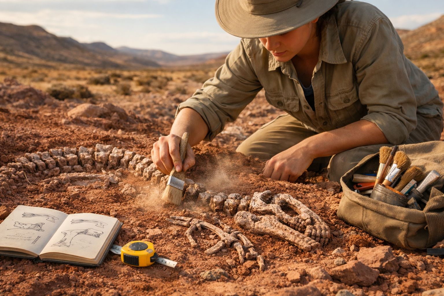 Arqueóloga escava e limpa fóssil de dinossauro no deserto, com ferramentas e livro ao lado.