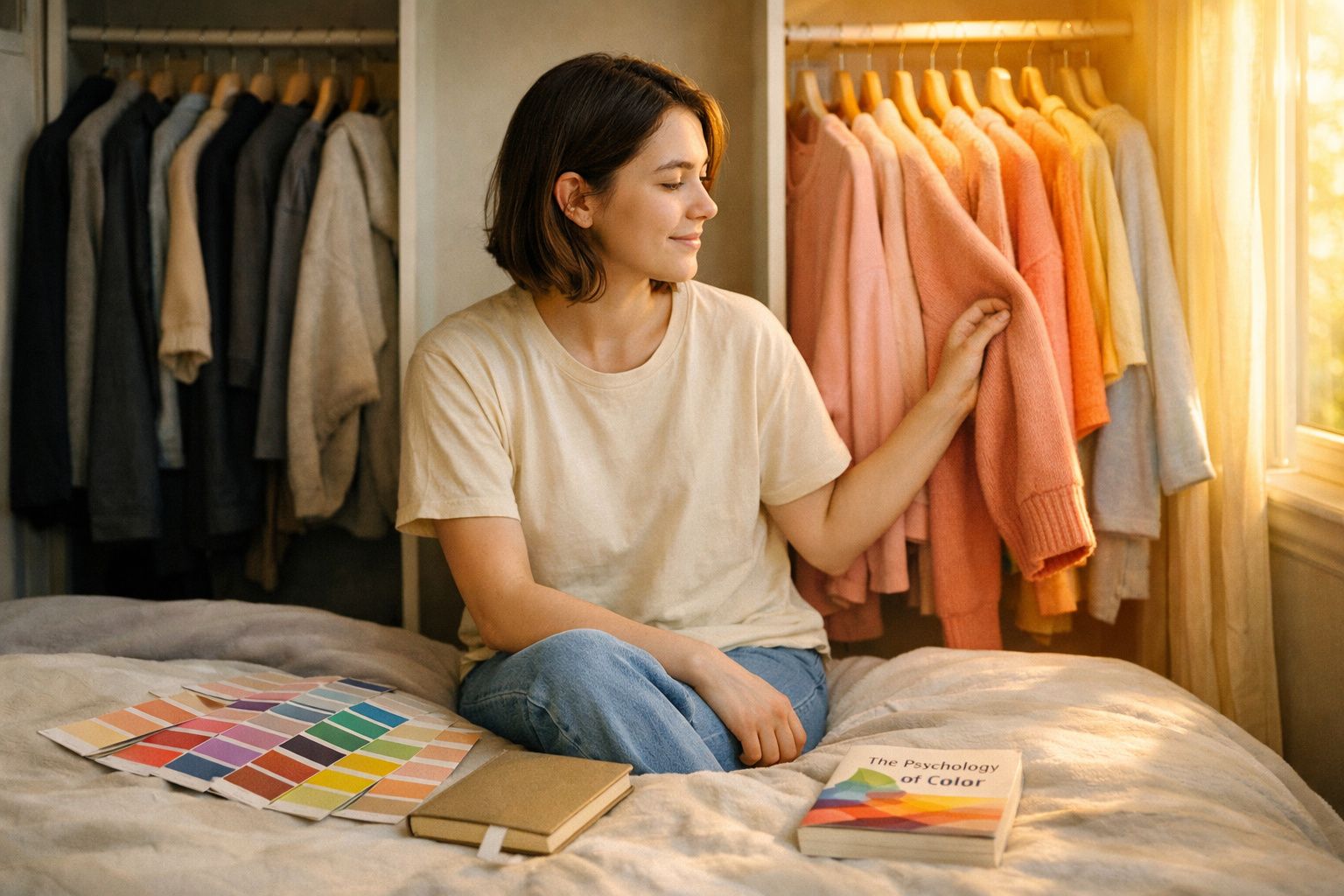 Mulher sentada perto de janela, a escolher camisola rosa num guarda-roupa com roupas coloridas.