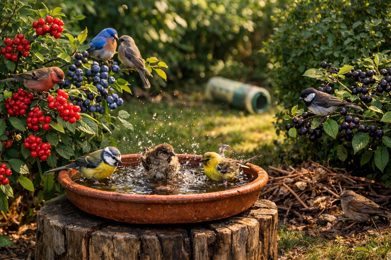 Vários pássaros de cores diferentes bebem e tomam banho numa tigela de barro rodeada de bagas vermelhas e pretas.