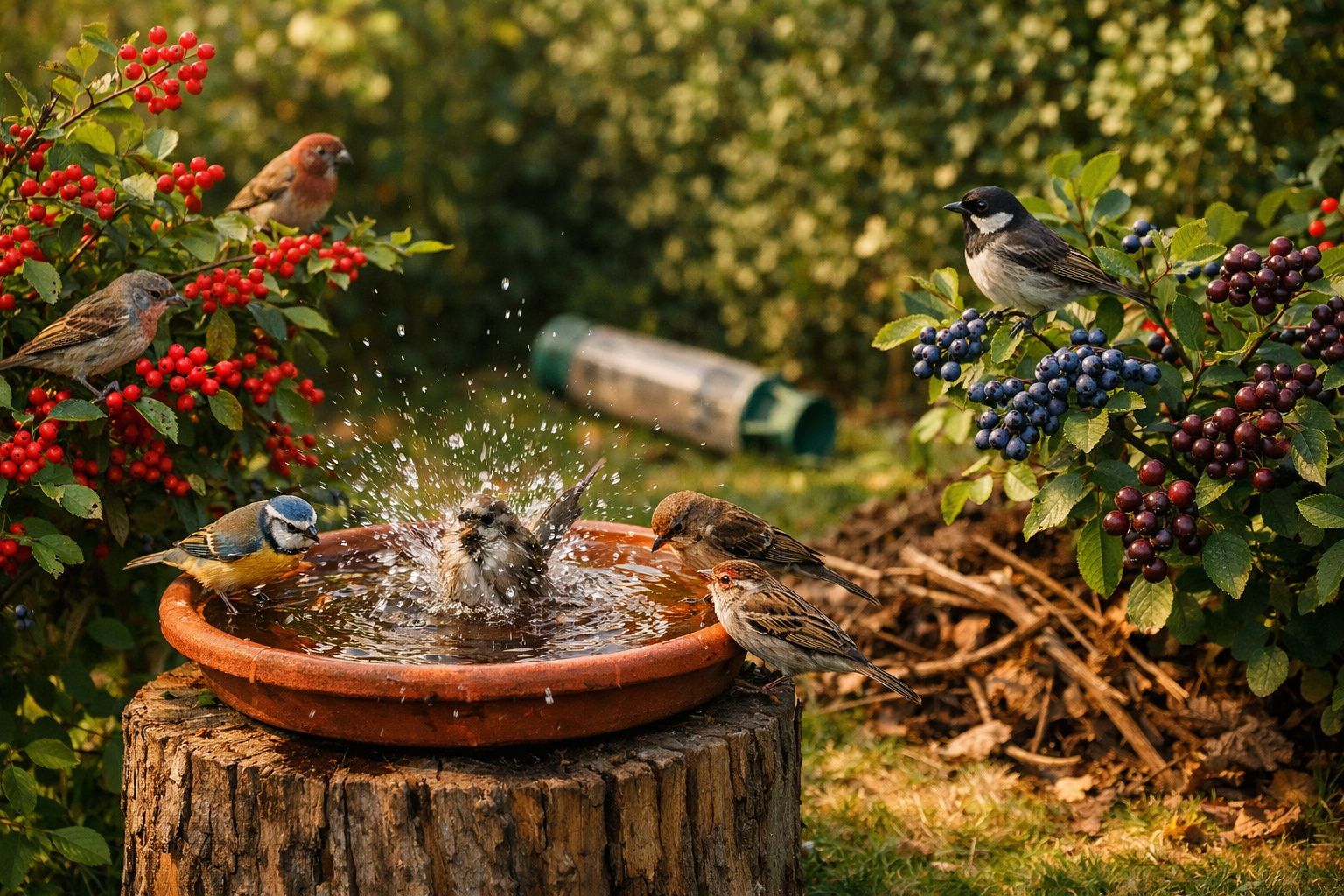 Diversos pássaros a beber e tomar banho numa bacia de água sobre um tronco rodeado de arbustos com bagas.