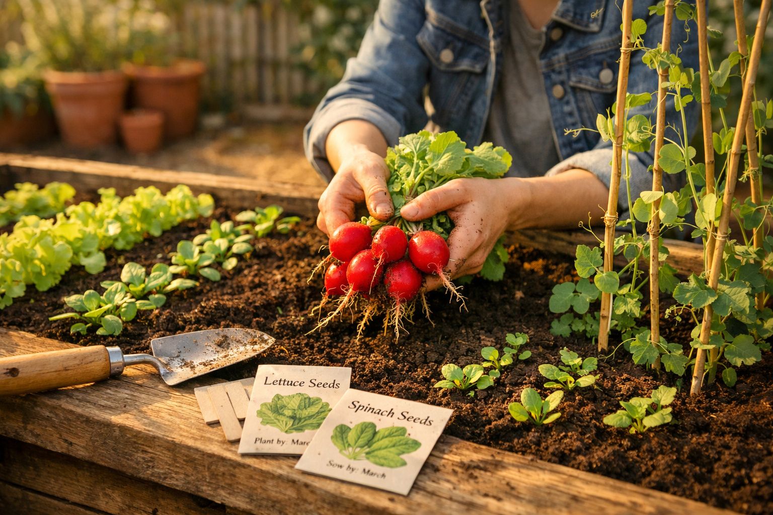 Mãos a colher um punhado de rabanetes num canteiro de jardim com terra e sementes à volta.