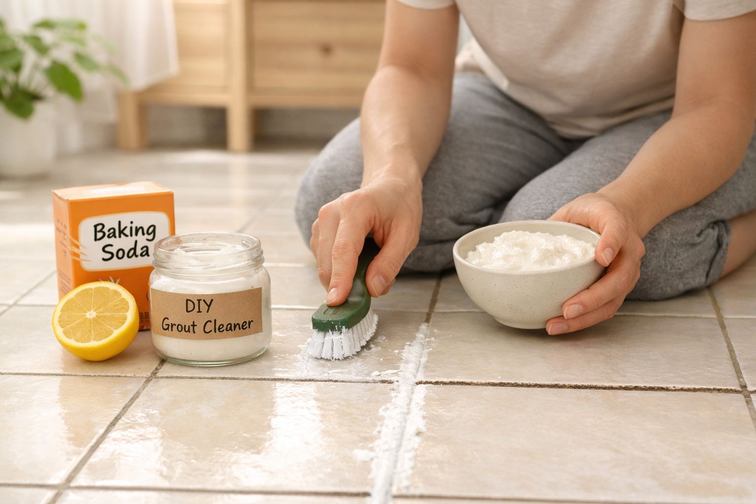 Pessoa a limpar juntas de azulejos com escova e pasta caseira de bicarbonato e limão.