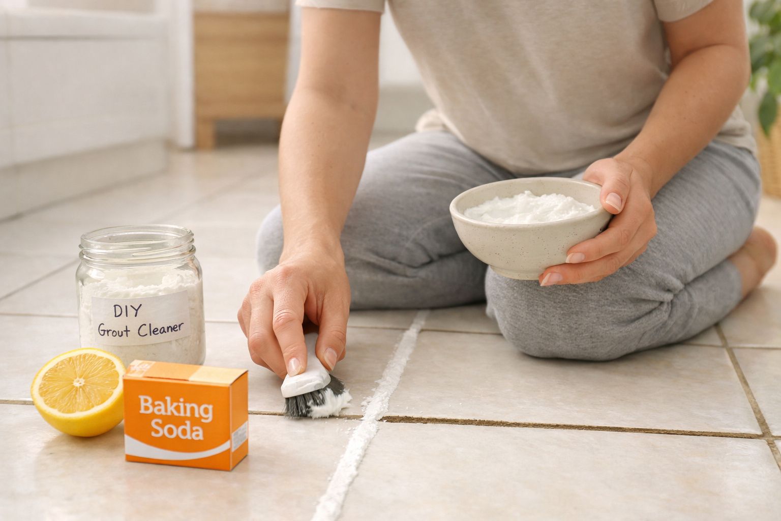 Pessoa a limpar rejuntes de azulejos com escova, bicarbonato de sódio, limão e limpador caseiro.