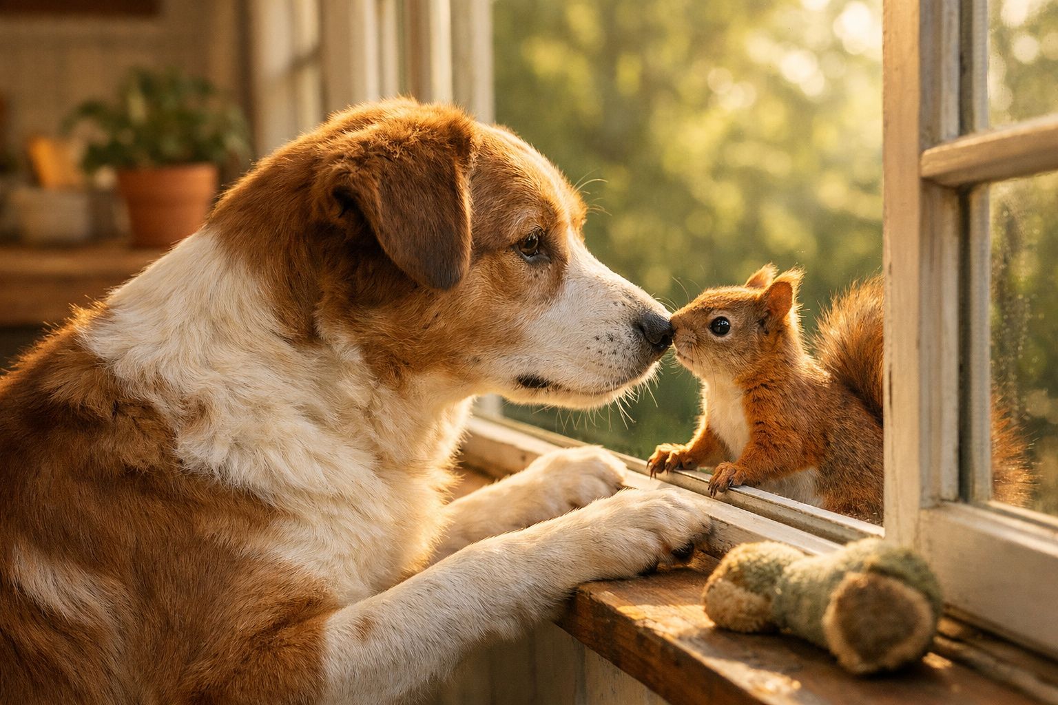 Cão e esquilo a tocarem os focinhos através de uma janela aberta, num ambiente iluminado pelo sol.
