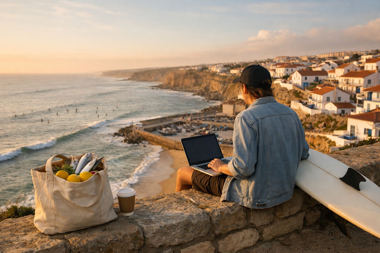 Pessoa sentada com computador portátil junto a prancha de surf numa falésia com vista para o mar e vila costeira ao pôr do so