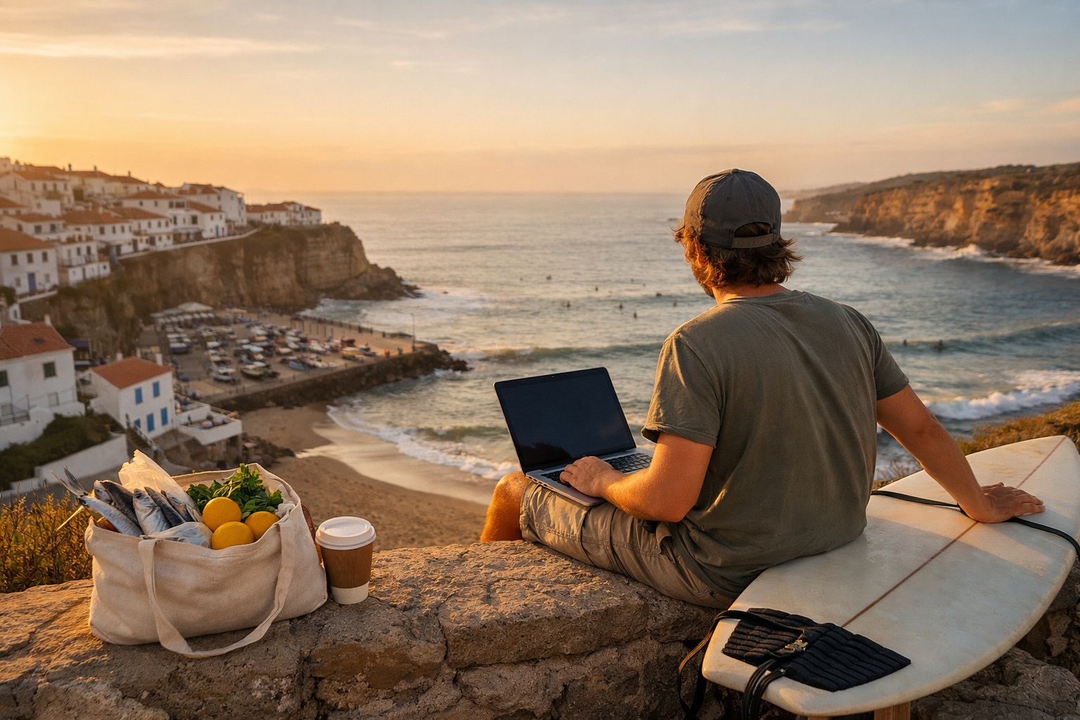 Homem com portátil sentado junto ao mar ao pôr do sol, com prancha, peixe e café ao lado.