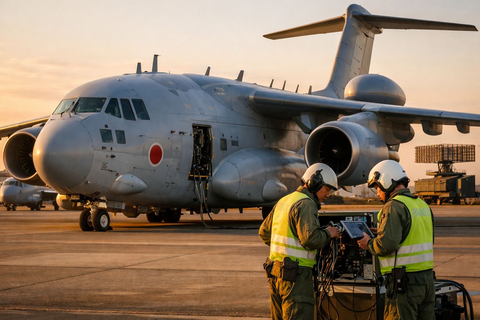 Avião militar estacionado ao pôr do sol com dois técnicos em coletes amarelos a verificar equipamento.