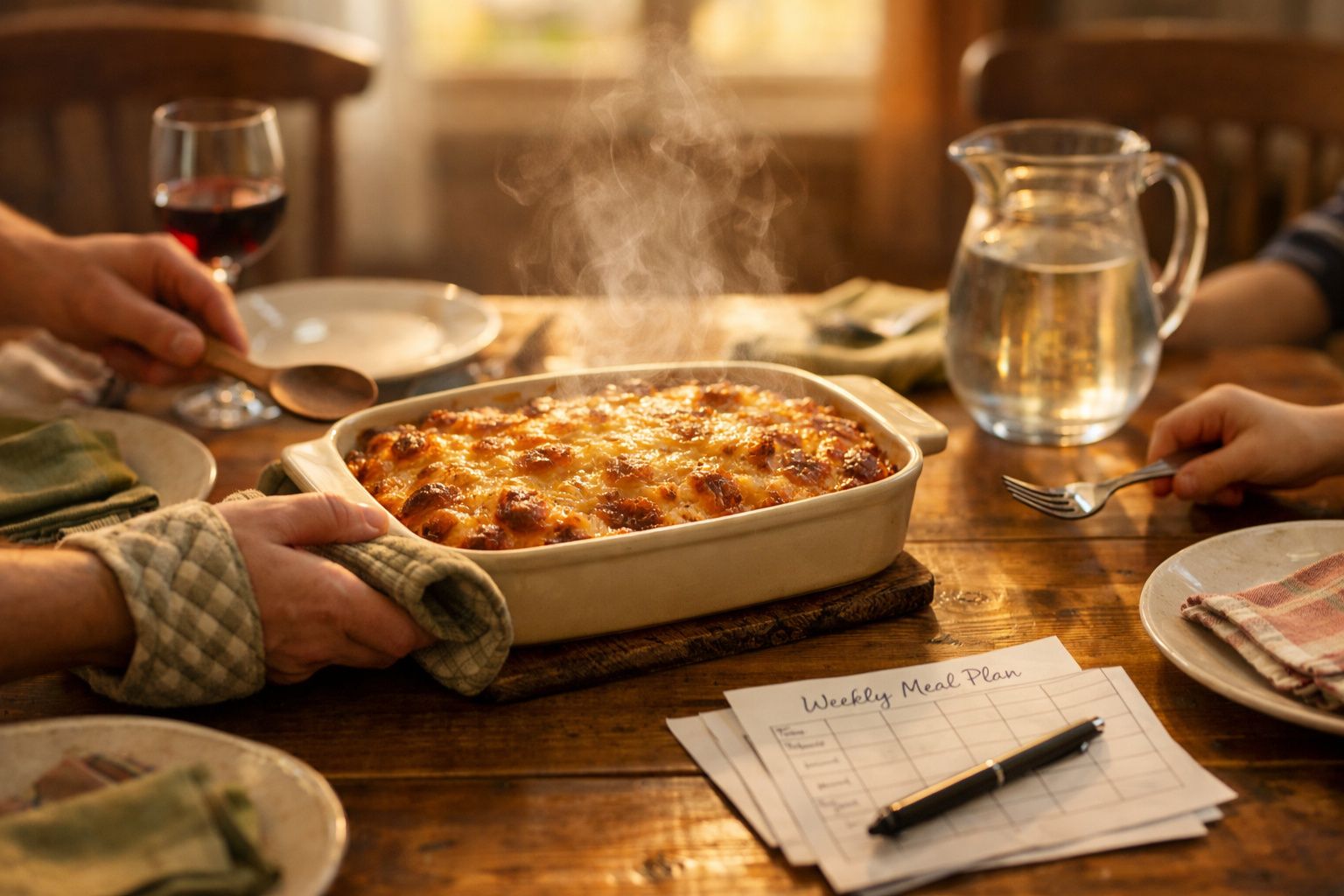 Mãos a servir lasanha quente fumegante numa mesa rústica com copo de vinho, jarra de água e plano semanal de refeições.