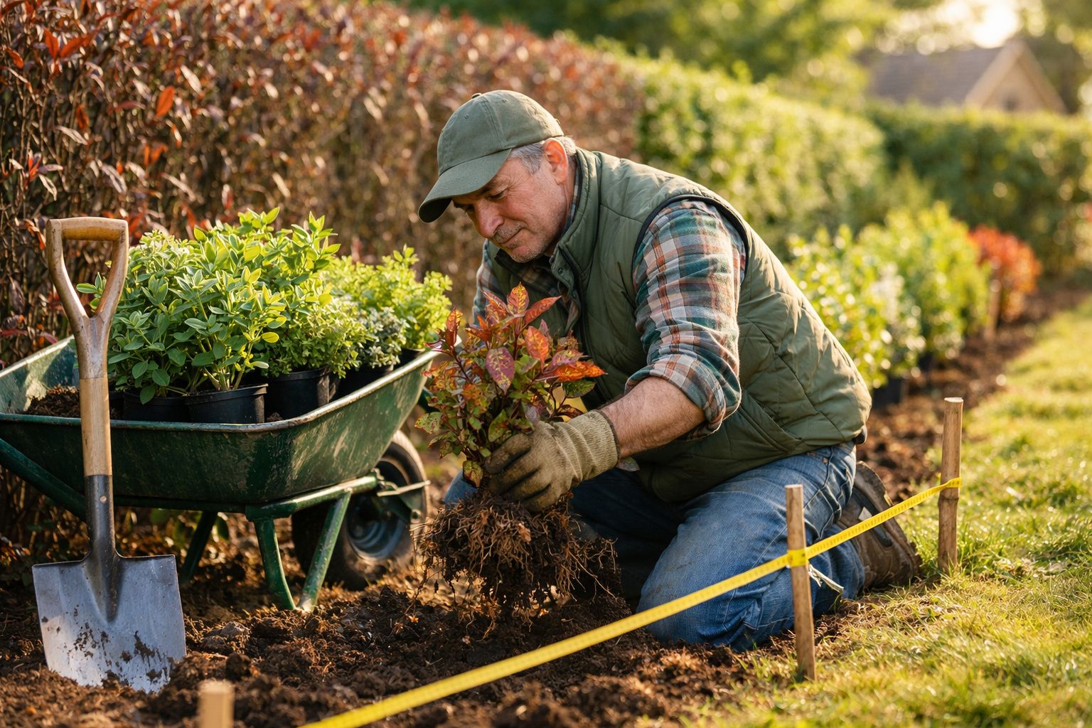 Homem de tratores a plantar uma planta num jardim com carrinho de mão e enxada ao lado.