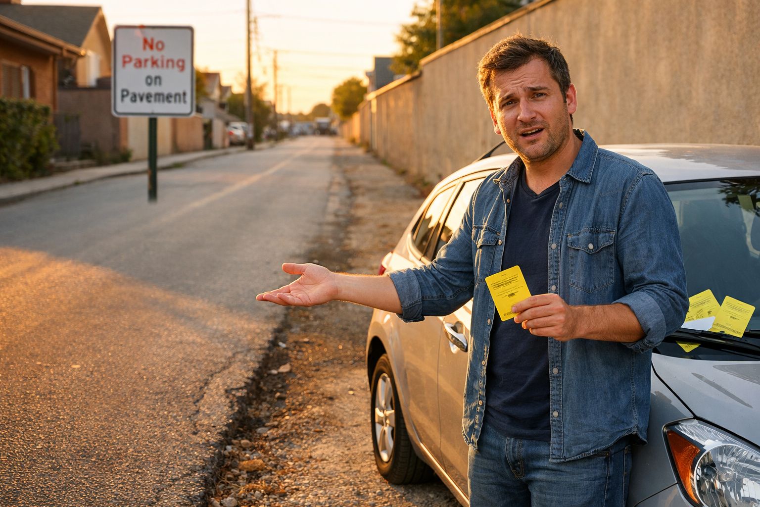 Homem junto a carro com multas, ao lado de sinal de proibição de estacionamento na berma da estrada.