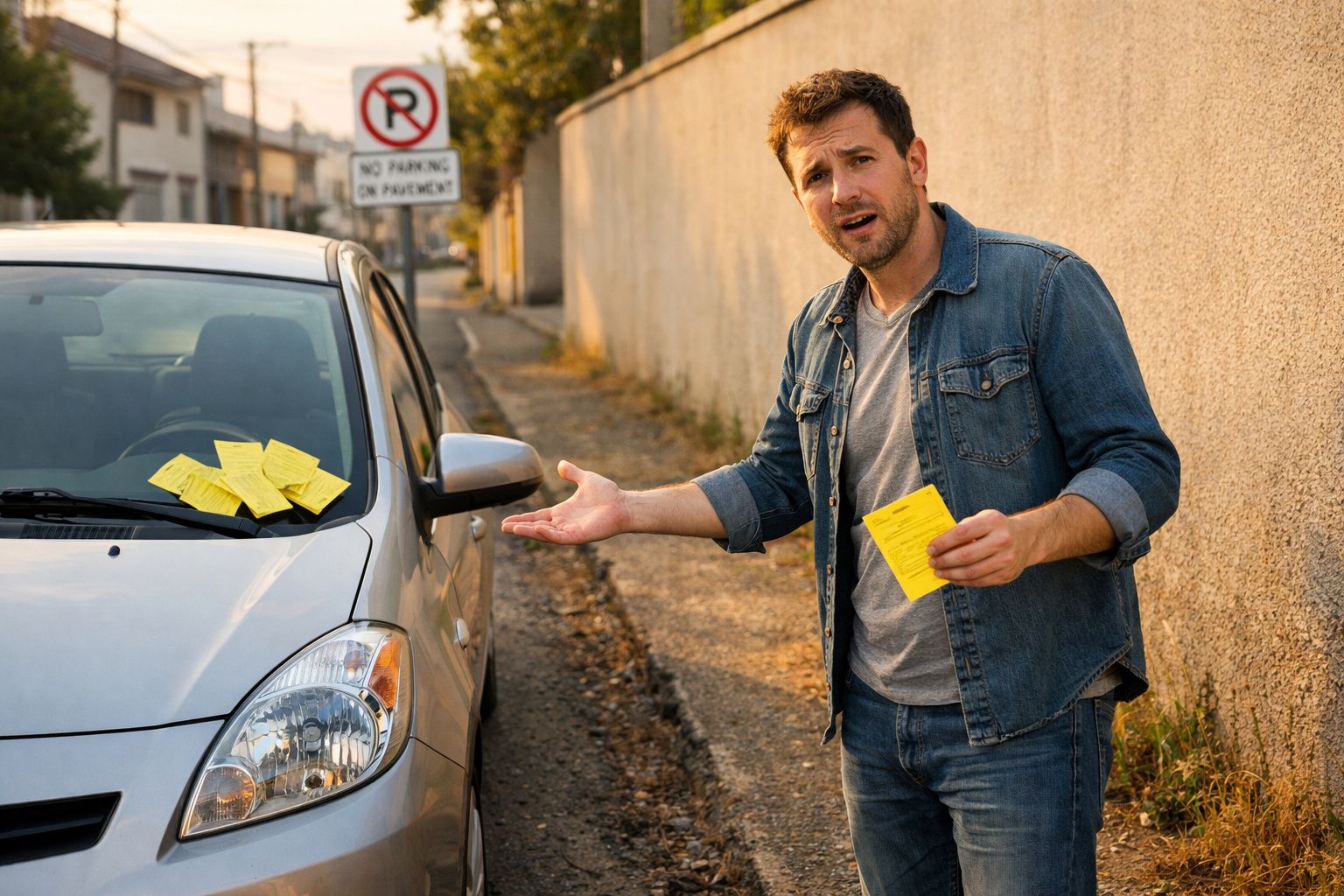 Homem com expressão de frustração ao lado de carro com vários autos de contraordenação no para-brisas.