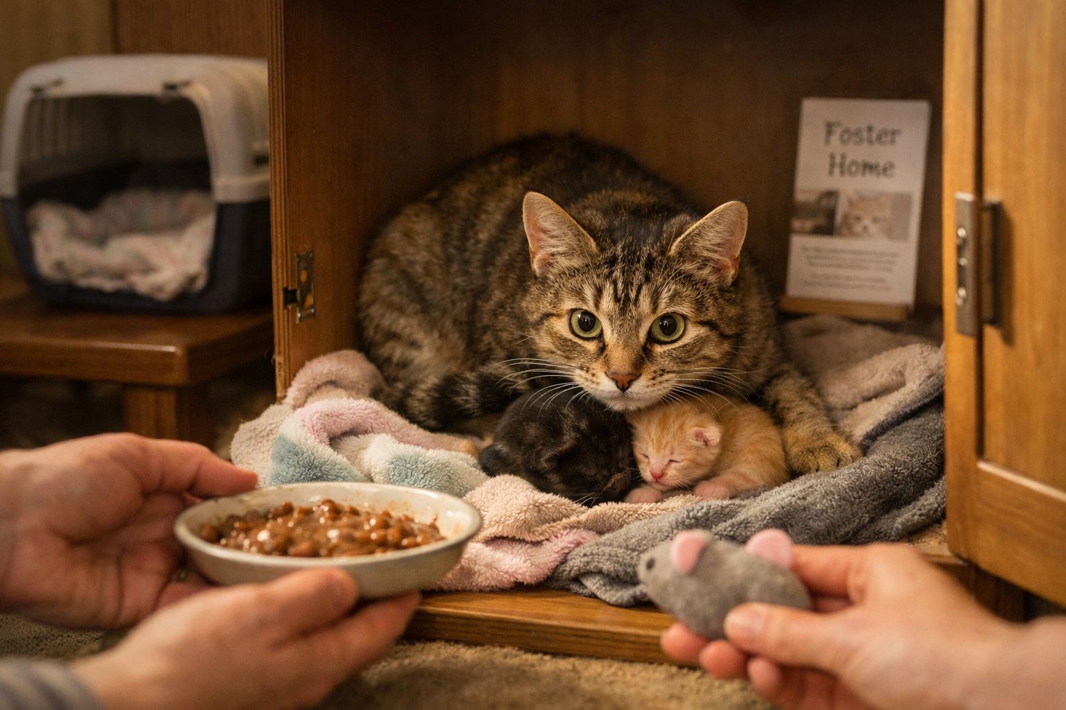 Gata protegendo dois gatinhos recém-nascidos numa abertura de madeira, com uma pessoa a oferecer comida e outra um brinquedo.