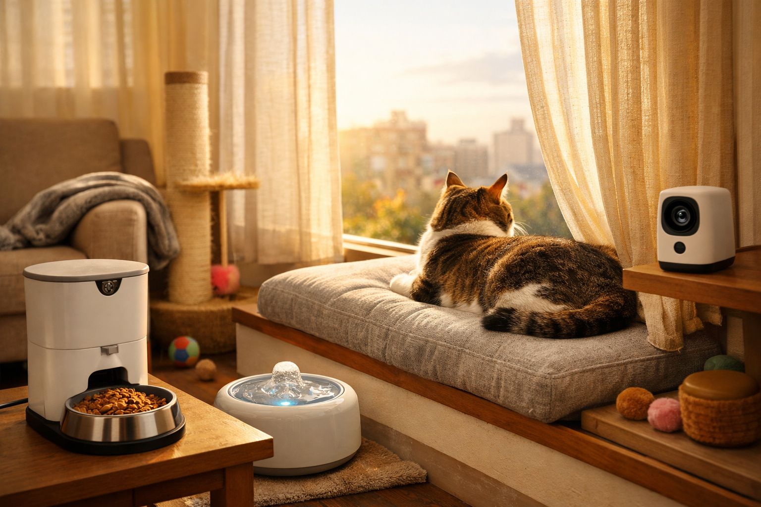 Gato deitado numa almofada na janela a olhar para a cidade ao pôr do sol, próximo de comedouro e bebedouro automáticos.