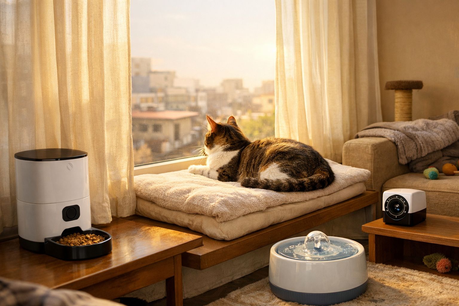 Gato deitado numa almofada junto à janela, rodeado por comedouro, bebedouro e ambiente acolhedor.