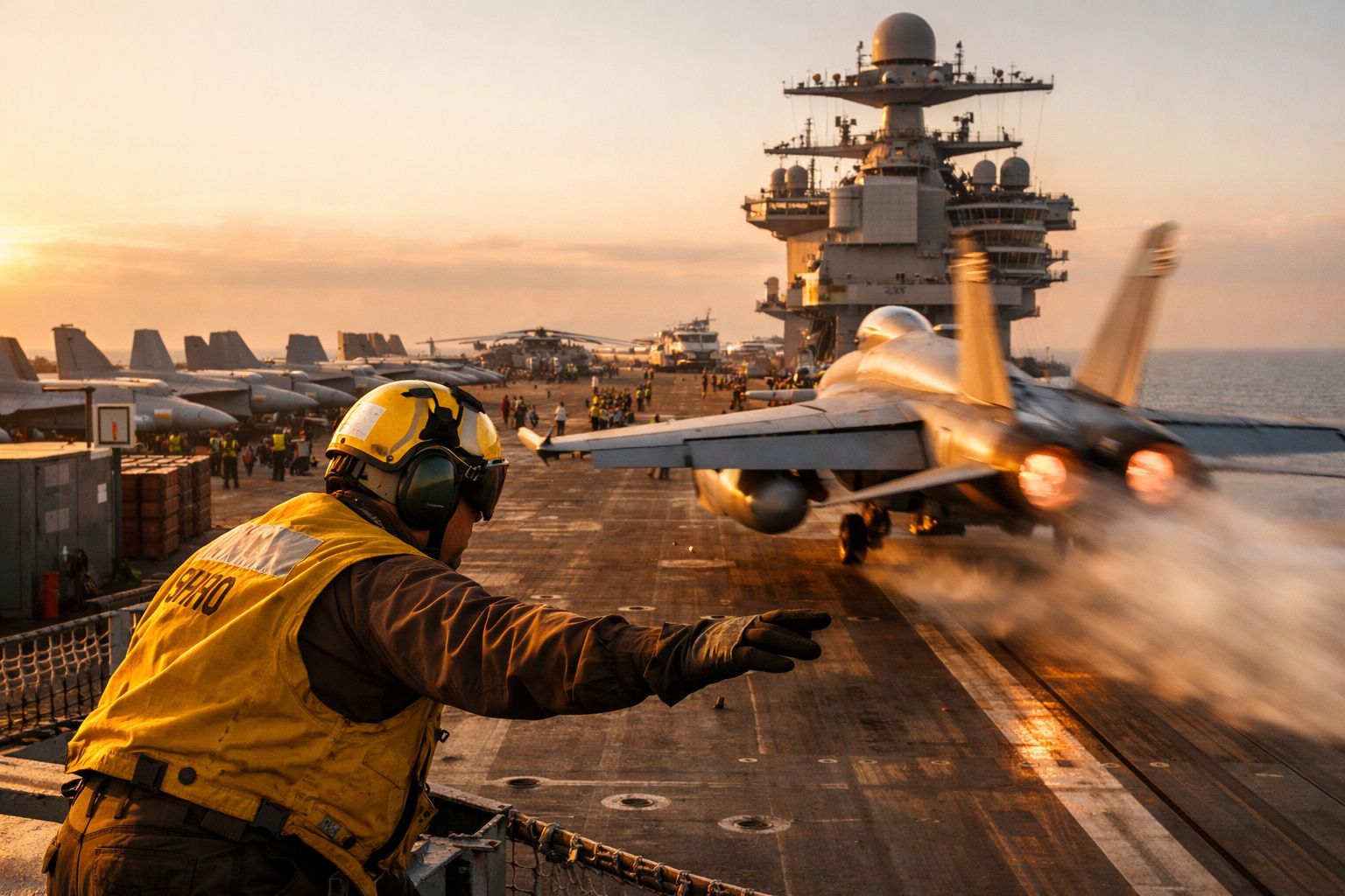 Homem com colete amarelo orienta descolagem de avião militar num porta-aviões ao pôr do sol.
