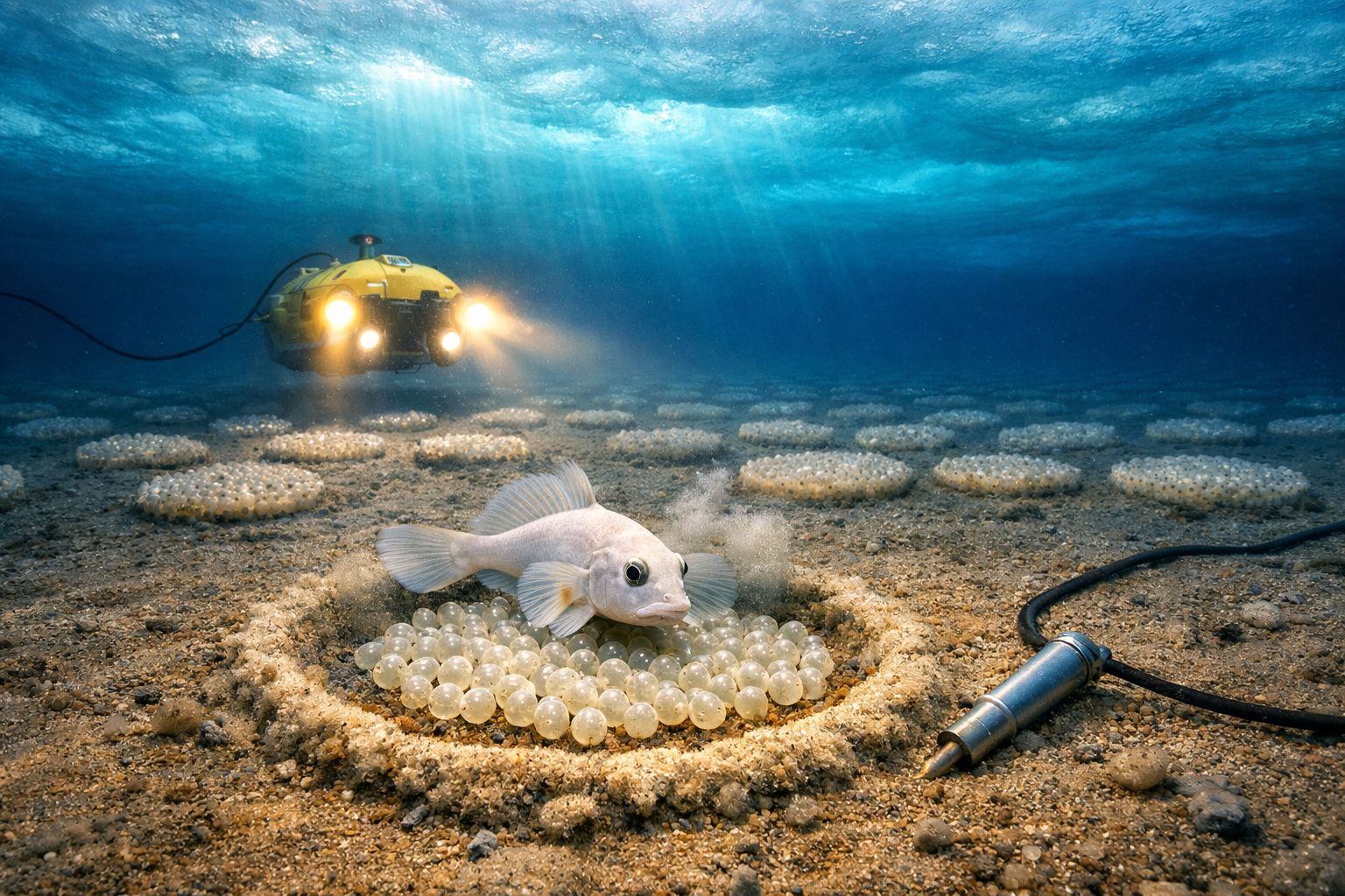 Submarino amarelo ilumina peixe cuidando de ovos no fundo do mar entre círculos no sedimento.