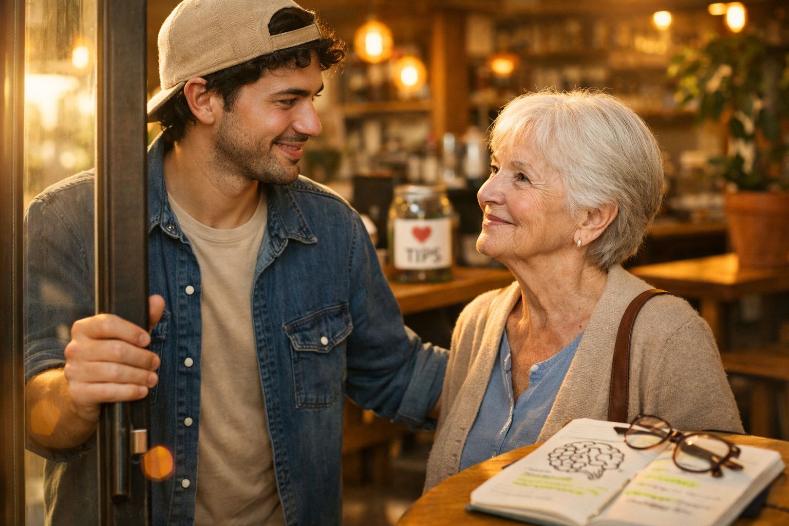 Homem jovem sorri ao segurar a porta para uma senhora idosa num café acolhedor e iluminado.