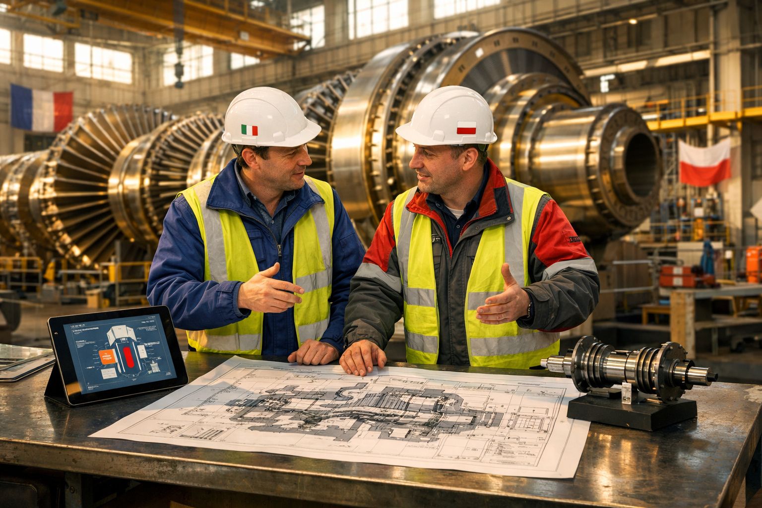 Dois engenheiros com capacetes e coletes de segurança discutem planta técnica numa fábrica industrial.